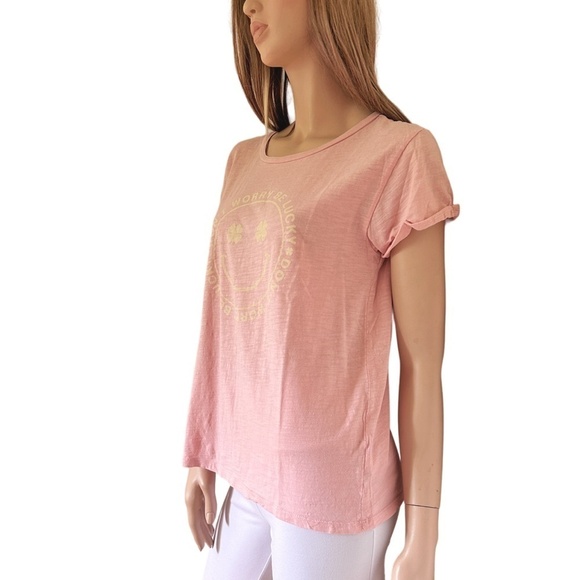 Lucky Brand Don't Worry be Lucky Tee T-Shirt Blush Pink Screen Print 100% Cotton - Picture 5 of 12